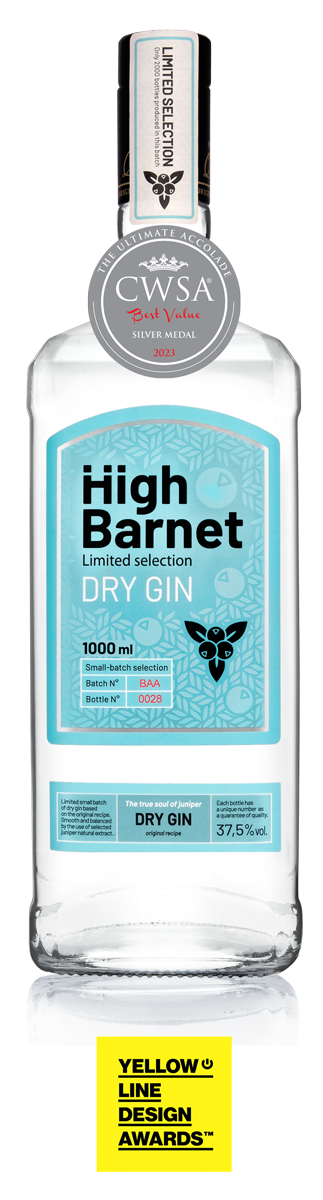 High Barnwet Premium Gin. CWSA Silver Medal, Yellow Line Design Award Gold Medal 2023